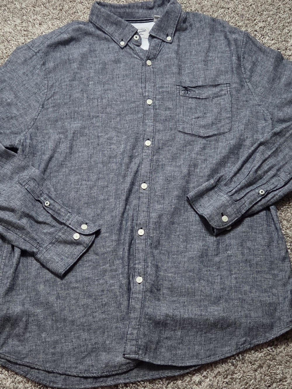 Original Penguin Munsingwear Chambray Linen Blend Button Down Shirt Gray XL